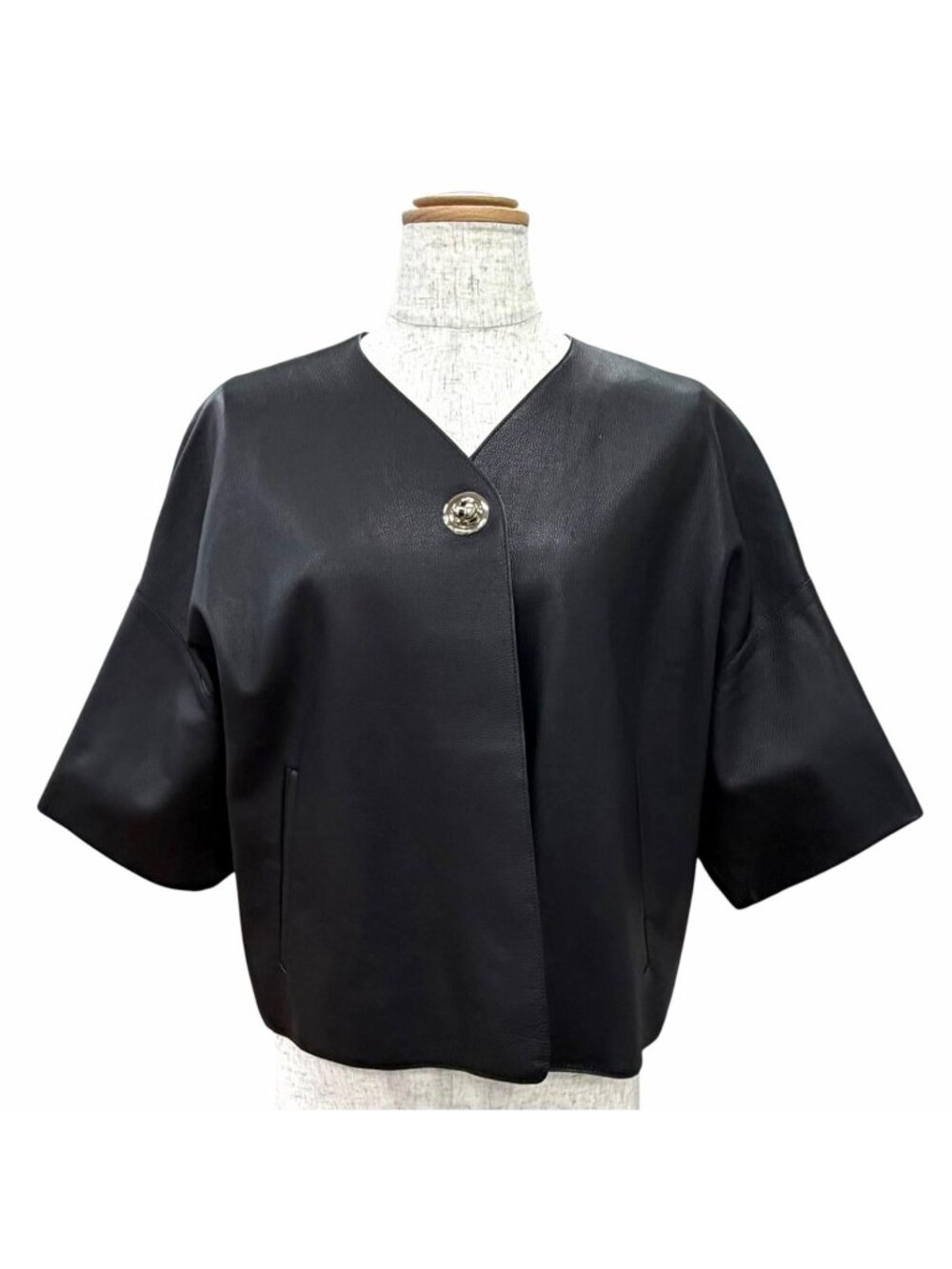Hermes Calfskin Silver Collarless Short Sleeve Leather Jacket Cropped Length